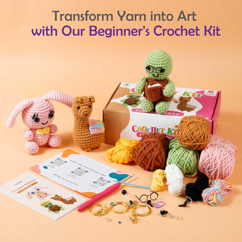 AURA Learn to Crochet Kit for Beginners Kids and Adults, Premium 3 Animal Pattern Large Size Beginner Crochet Kits with Easy Tube Yarn & Step-by-Step Video Tutorials (Safari Friends–Larger Plushies) - Image 4